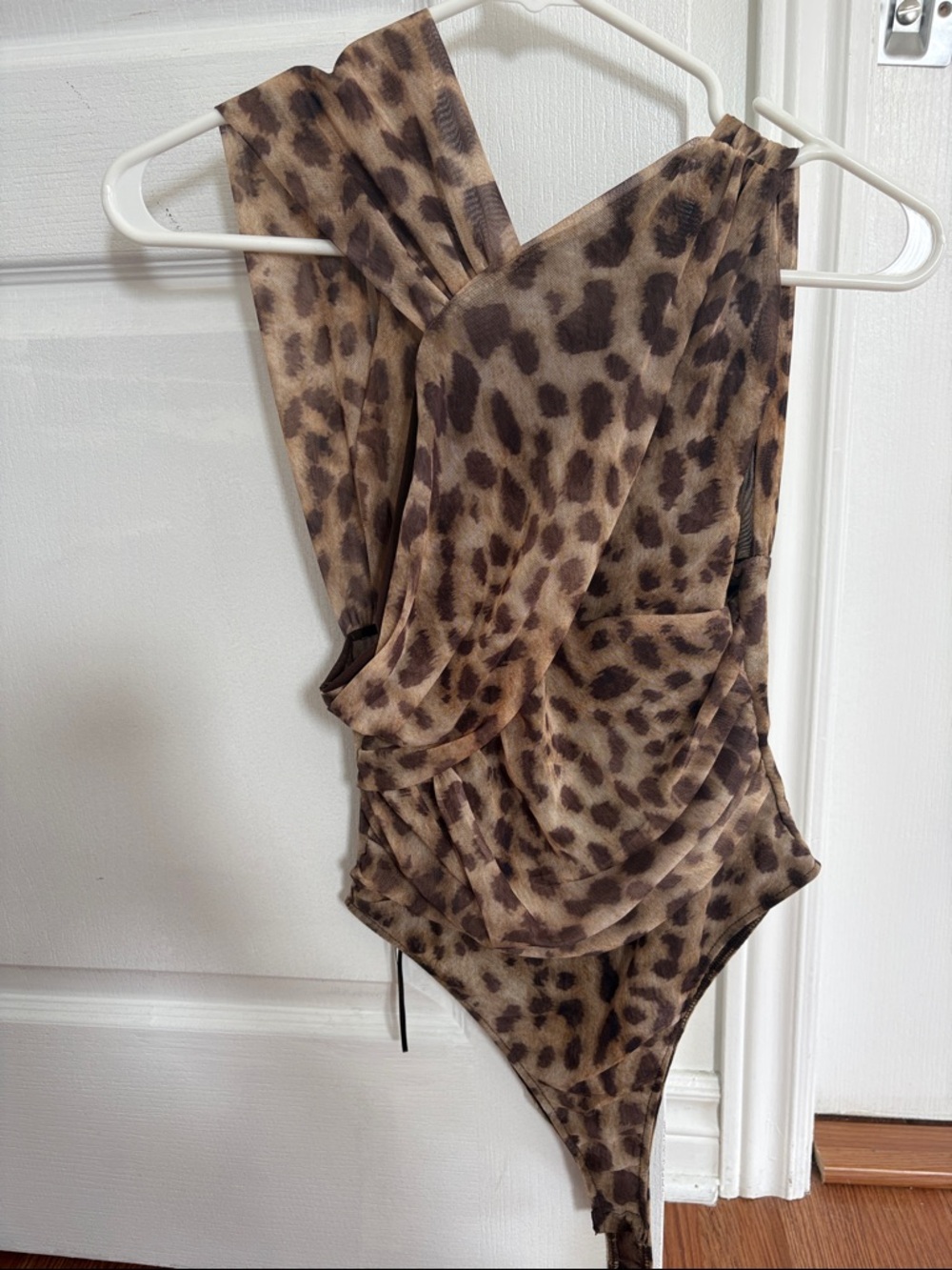 Zara Leopard Print Draped Bodysuit - Brown